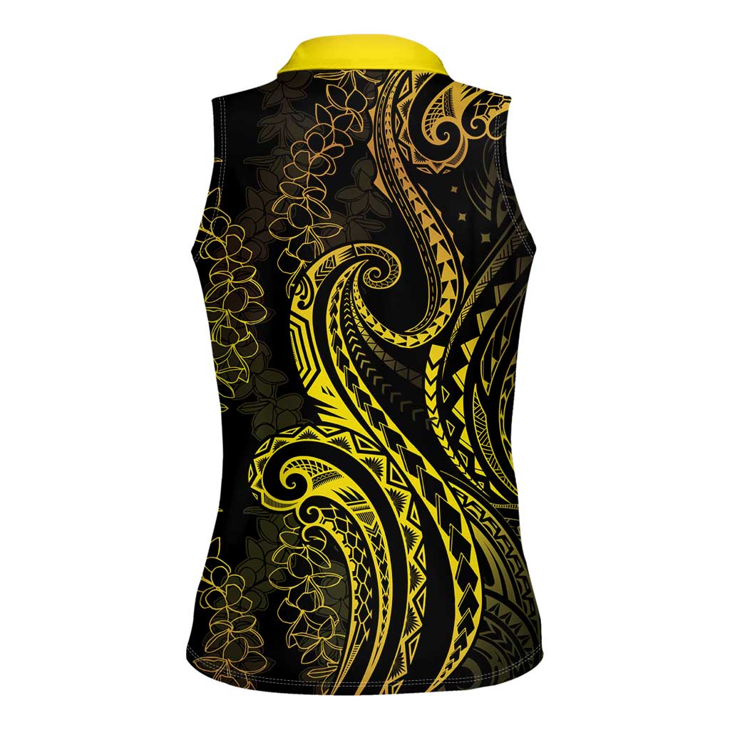 Polynesia Plumeria Lei Women Sleeveless Polo Shirt Black Gold Curves Motif