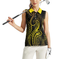 Polynesia Plumeria Lei Women Sleeveless Polo Shirt Black Gold Curves Motif
