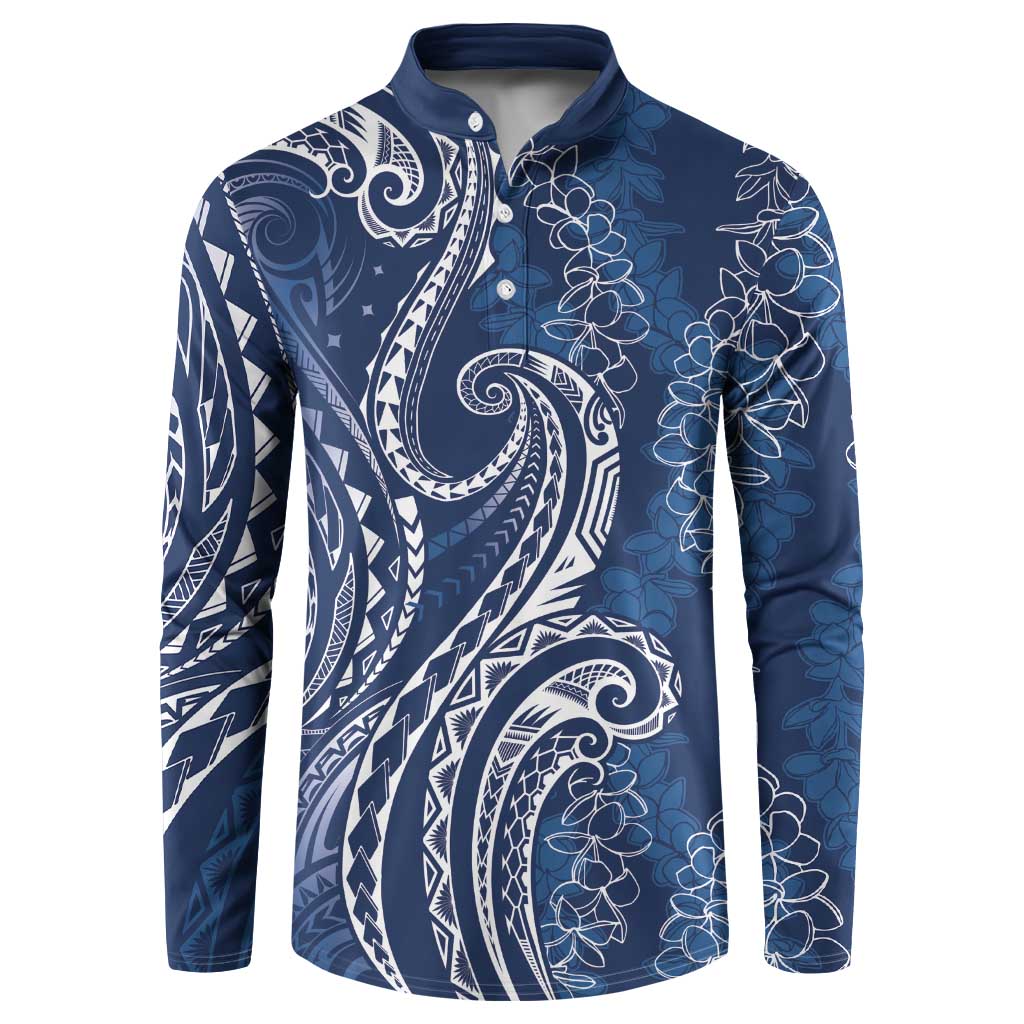 Polynesia Plumeria Lei Button Sweatshirt Navy Blue Curves Motif