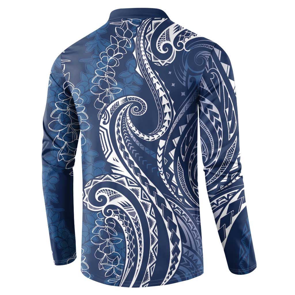 Polynesia Plumeria Lei Button Sweatshirt Navy Blue Curves Motif