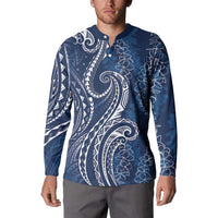 Polynesia Plumeria Lei Button Sweatshirt Navy Blue Curves Motif