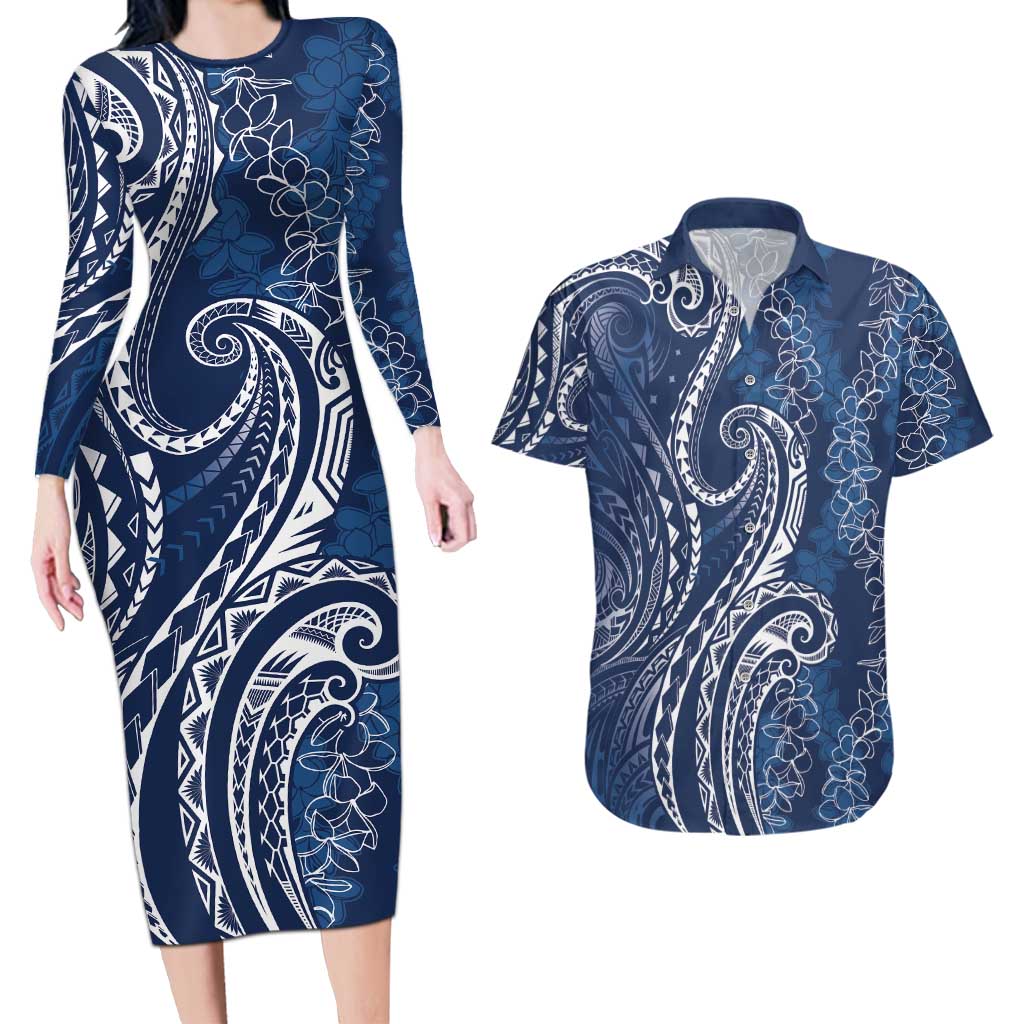 Polynesia Plumeria Lei Couples Matching Long Sleeve Bodycon Dress and Hawaiian Shirt Navy Blue Curves Motif LT7 Navy Blue - Polynesian Pride