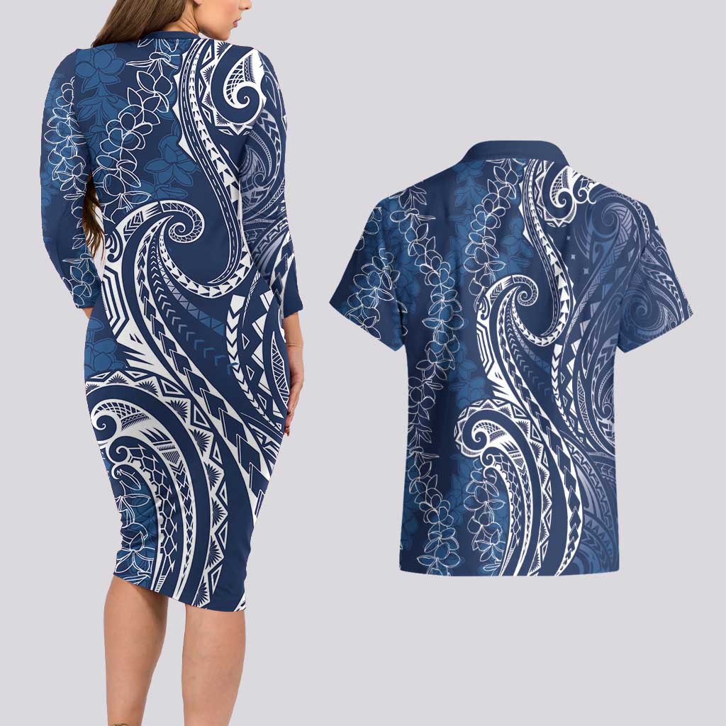 Polynesia Plumeria Lei Couples Matching Long Sleeve Bodycon Dress and Hawaiian Shirt Navy Blue Curves Motif LT7 - Polynesian Pride