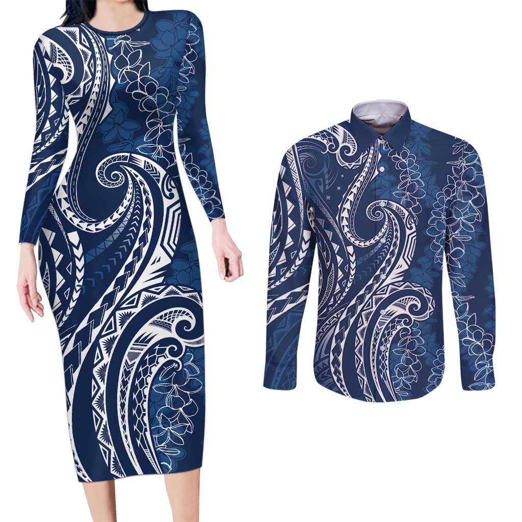 Polynesia Plumeria Lei Couples Matching Long Sleeve Bodycon Dress and Long Sleeve Button Shirt Navy Blue Curves Motif LT7 Navy Blue - Polynesian Pride