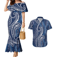Polynesia Plumeria Lei Couples Matching Mermaid Dress and Hawaiian Shirt Navy Blue Curves Motif LT7 Navy Blue - Polynesian Pride