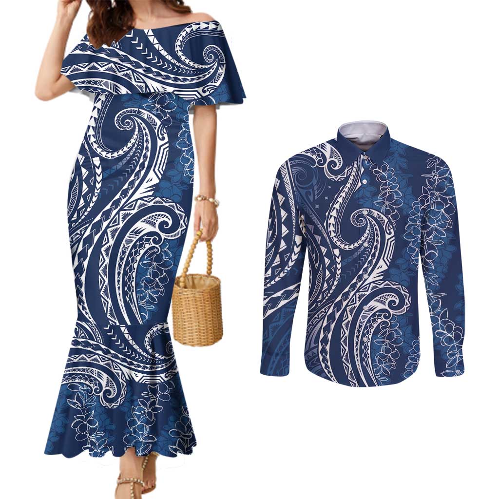 Polynesia Plumeria Lei Couples Matching Mermaid Dress and Long Sleeve Button Shirt Navy Blue Curves Motif