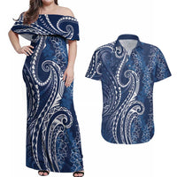Polynesia Plumeria Lei Couples Matching Off Shoulder Maxi Dress and Hawaiian Shirt Navy Blue Curves Motif LT7 Navy Blue - Polynesian Pride