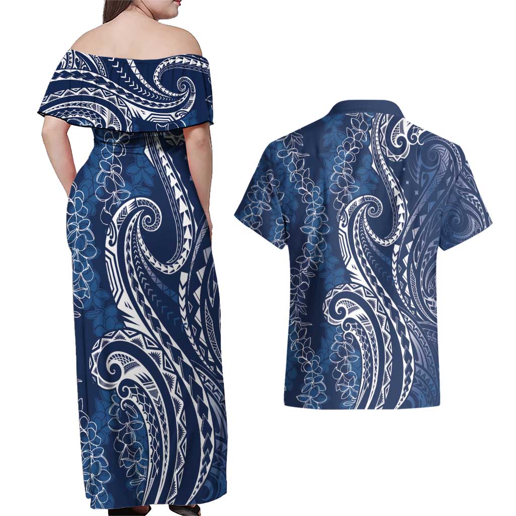 Polynesia Plumeria Lei Couples Matching Off Shoulder Maxi Dress and Hawaiian Shirt Navy Blue Curves Motif LT7 - Polynesian Pride