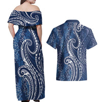 Polynesia Plumeria Lei Couples Matching Off Shoulder Maxi Dress and Hawaiian Shirt Navy Blue Curves Motif LT7 - Polynesian Pride