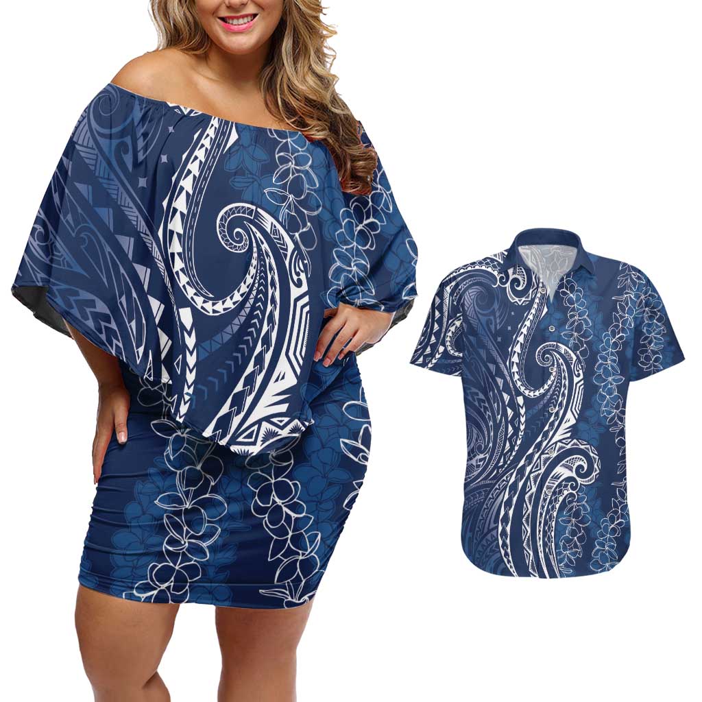 Polynesia Plumeria Lei Couples Matching Off Shoulder Short Dress and Hawaiian Shirt Navy Blue Curves Motif LT7 Navy Blue - Polynesian Pride