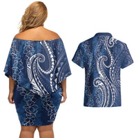 Polynesia Plumeria Lei Couples Matching Off Shoulder Short Dress and Hawaiian Shirt Navy Blue Curves Motif LT7 - Polynesian Pride