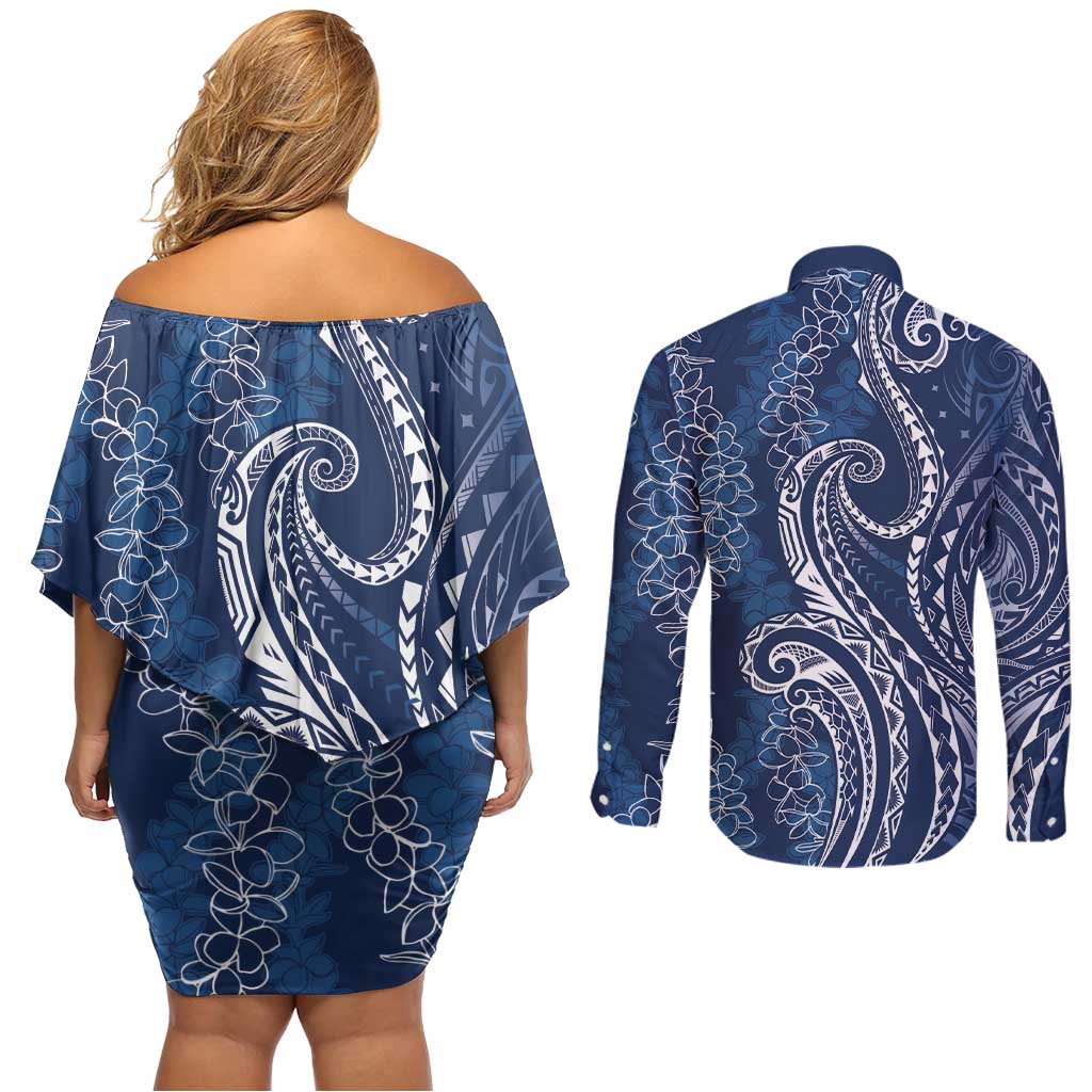 Polynesia Plumeria Lei Couples Matching Off Shoulder Short Dress and Long Sleeve Button Shirt Navy Blue Curves Motif