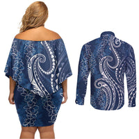 Polynesia Plumeria Lei Couples Matching Off Shoulder Short Dress and Long Sleeve Button Shirt Navy Blue Curves Motif