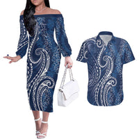 Polynesia Plumeria Lei Couples Matching Off The Shoulder Long Sleeve Dress and Hawaiian Shirt Navy Blue Curves Motif LT7 Navy Blue - Polynesian Pride