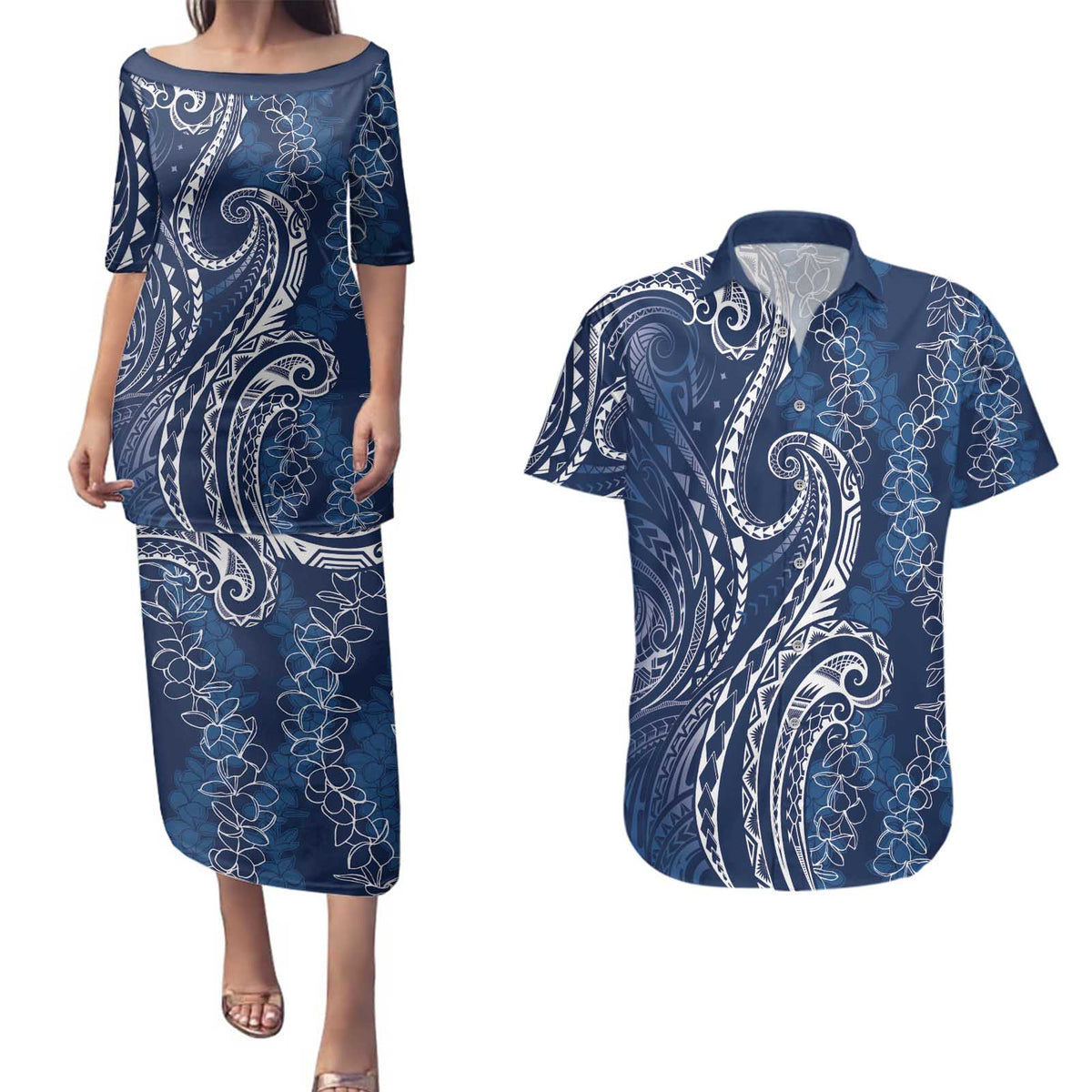 Polynesia Plumeria Lei Couples Matching Puletasi and Hawaiian Shirt Navy Blue Curves Motif