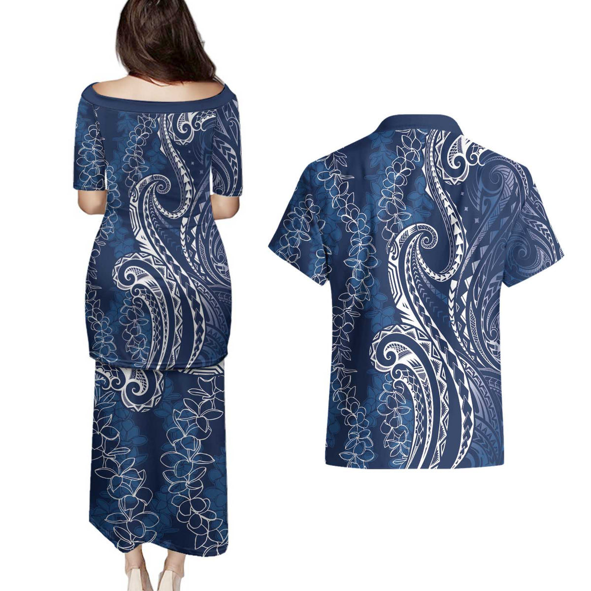 Polynesia Plumeria Lei Couples Matching Puletasi and Hawaiian Shirt Navy Blue Curves Motif