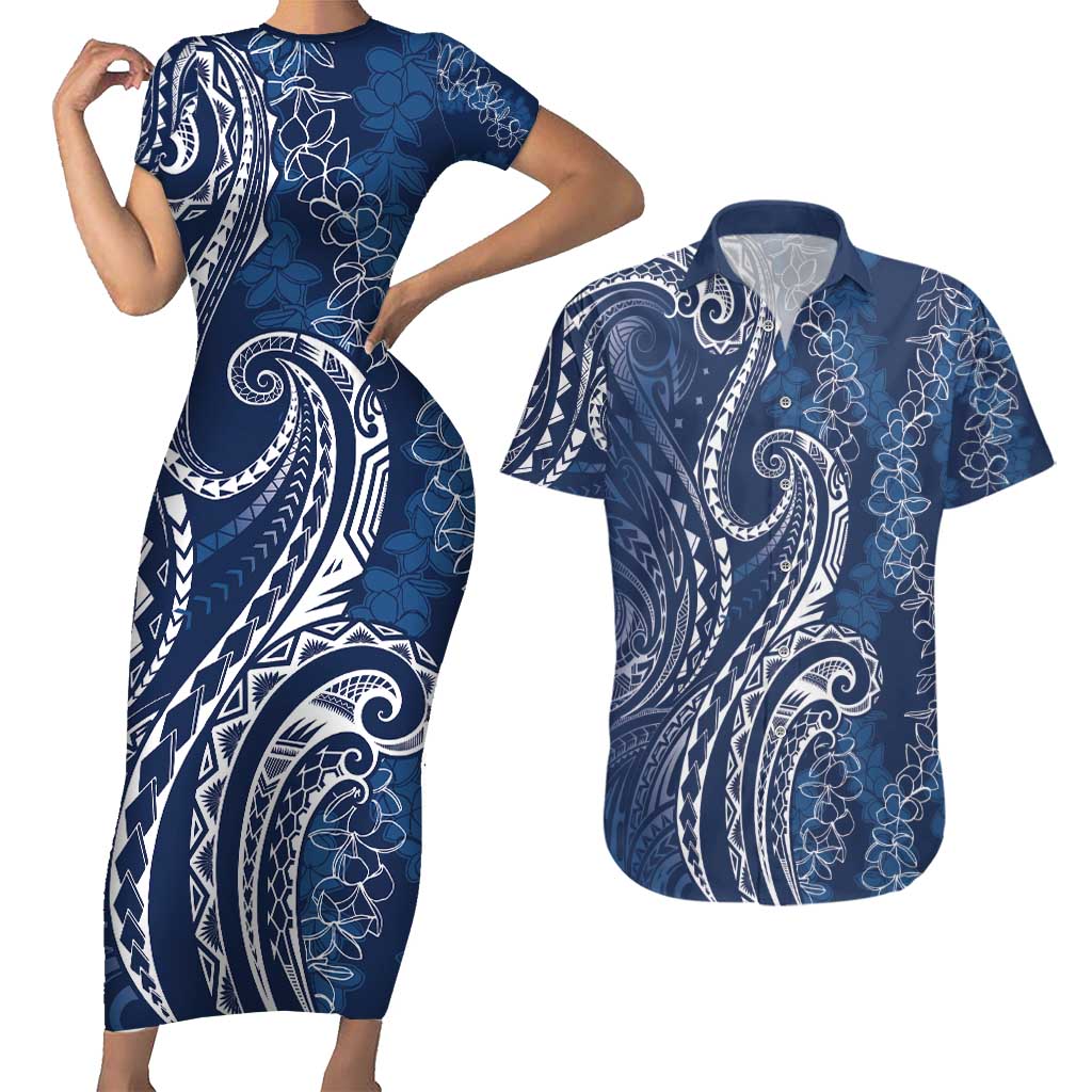 Polynesia Plumeria Lei Couples Matching Short Sleeve Bodycon Dress and Hawaiian Shirt Navy Blue Curves Motif LT7 Navy Blue - Polynesian Pride