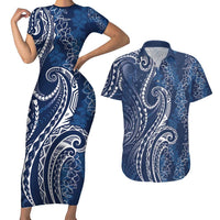 Polynesia Plumeria Lei Couples Matching Short Sleeve Bodycon Dress and Hawaiian Shirt Navy Blue Curves Motif LT7 Navy Blue - Polynesian Pride