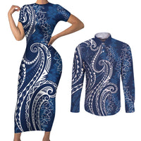 Polynesia Plumeria Lei Couples Matching Short Sleeve Bodycon Dress and Long Sleeve Button Shirt Navy Blue Curves Motif LT7 Navy Blue - Polynesian Pride
