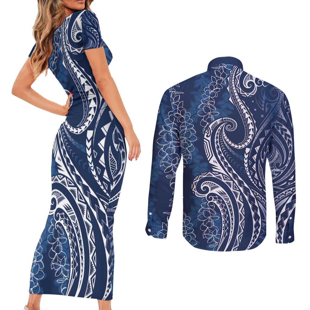 Polynesia Plumeria Lei Couples Matching Short Sleeve Bodycon Dress and Long Sleeve Button Shirt Navy Blue Curves Motif LT7 - Polynesian Pride