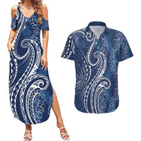 Polynesia Plumeria Lei Couples Matching Summer Maxi Dress and Hawaiian Shirt Navy Blue Curves Motif LT7 Navy Blue - Polynesian Pride