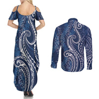 Polynesia Plumeria Lei Couples Matching Summer Maxi Dress and Long Sleeve Button Shirt Navy Blue Curves Motif