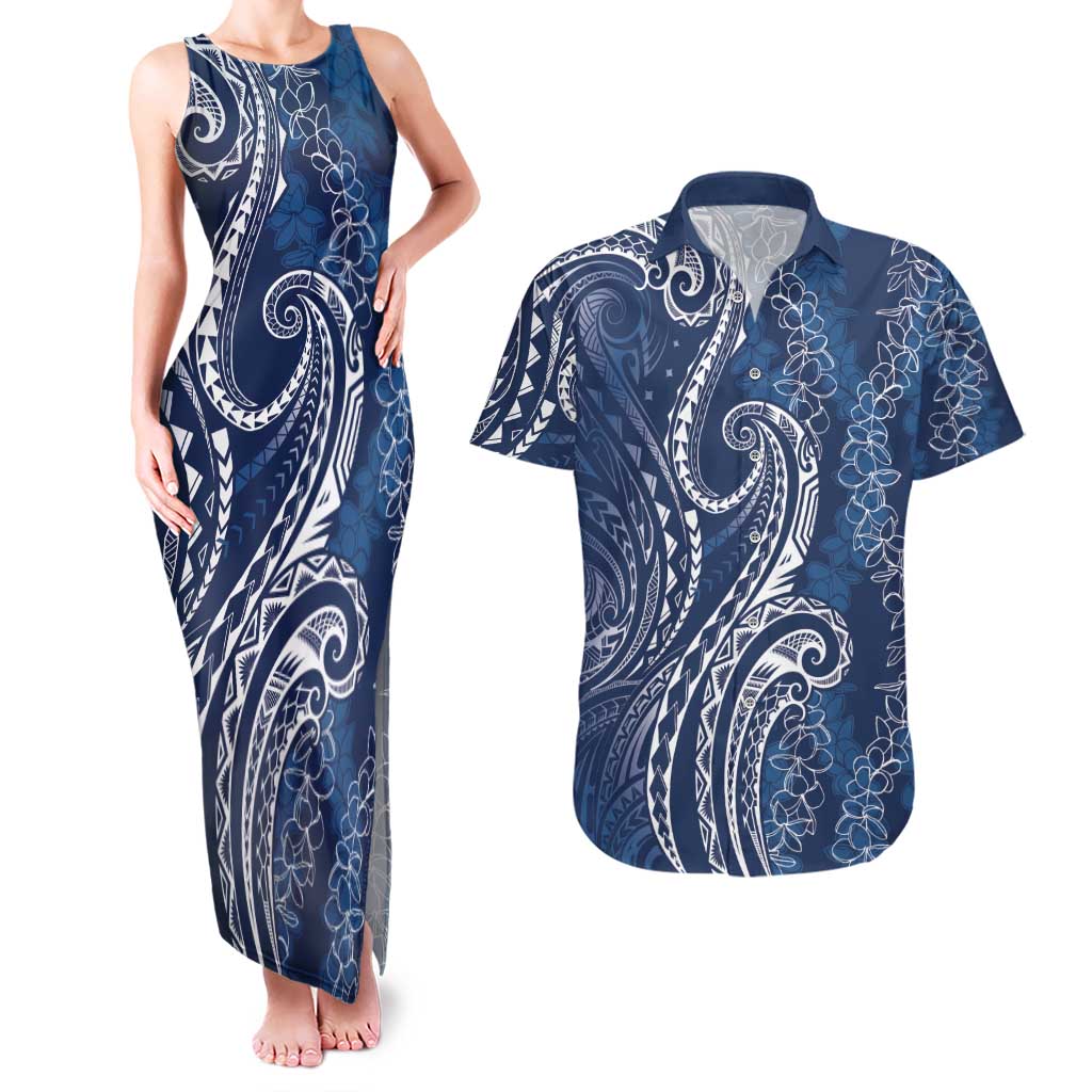 Polynesia Plumeria Lei Couples Matching Tank Maxi Dress and Hawaiian Shirt Navy Blue Curves Motif LT7 Navy Blue - Polynesian Pride