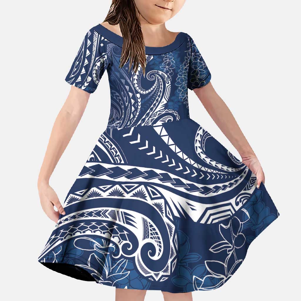 Polynesia Plumeria Lei Family Matching Long Sleeve Bodycon Dress and Hawaiian Shirt Navy Blue Curves Motif LT7 Daughter's Dress Navy Blue - Polynesian Pride