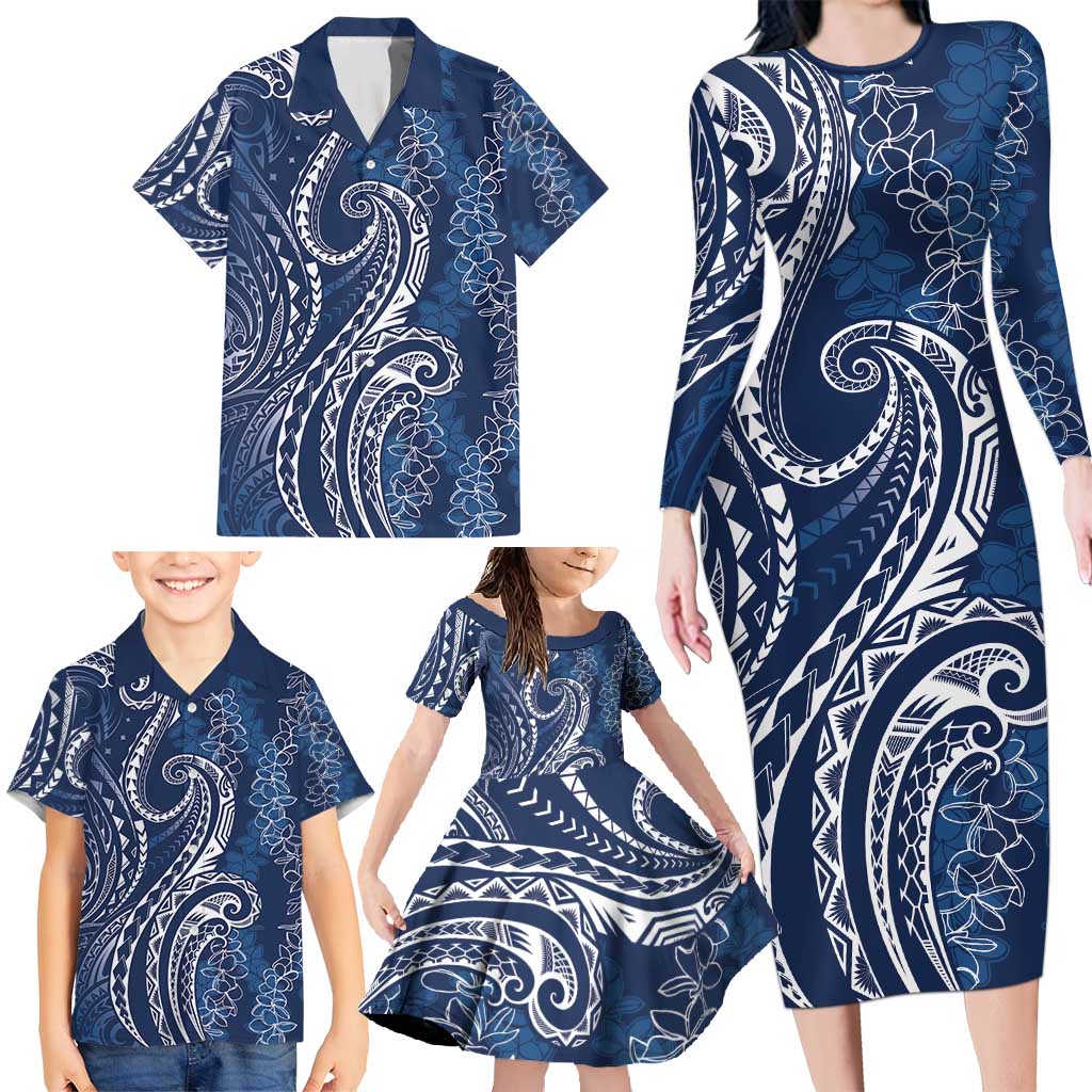 Polynesia Plumeria Lei Family Matching Long Sleeve Bodycon Dress and Hawaiian Shirt Navy Blue Curves Motif LT7 - Polynesian Pride