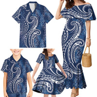 Polynesia Plumeria Lei Family Matching Mermaid Dress and Hawaiian Shirt Navy Blue Curves Motif LT7 - Polynesian Pride
