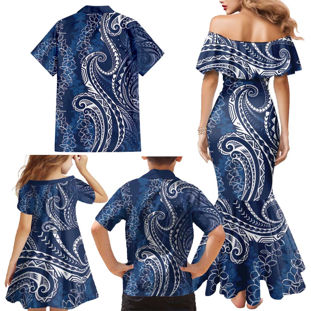 Polynesia Plumeria Lei Family Matching Mermaid Dress and Hawaiian Shirt Navy Blue Curves Motif LT7 - Polynesian Pride