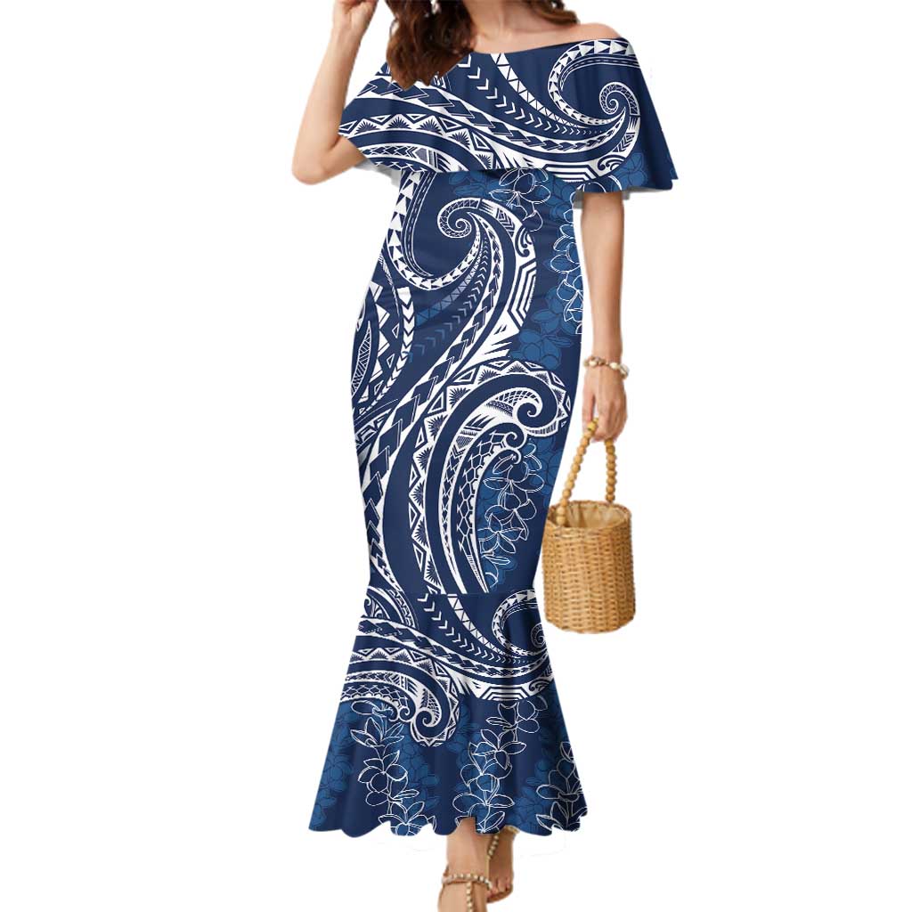 Polynesia Plumeria Lei Family Matching Mermaid Dress and Hawaiian Shirt Navy Blue Curves Motif LT7 Mom's Dress Navy Blue - Polynesian Pride