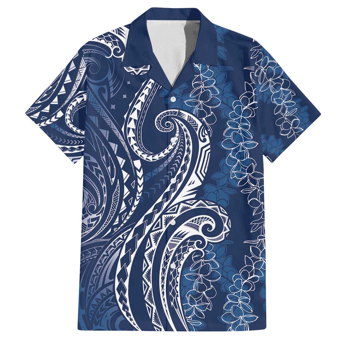 Polynesia Plumeria Lei Family Matching Off The Shoulder Long Sleeve Dress and Hawaiian Shirt Navy Blue Curves Motif LT7 Dad's Shirt - Short Sleeve Navy Blue - Polynesian Pride