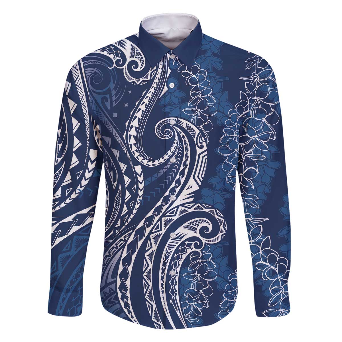 Polynesia Plumeria Lei Family Matching Off The Shoulder Long Sleeve Dress and Hawaiian Shirt Navy Blue Curves Motif LT7 Dad's Shirt - Long Sleeve Navy Blue - Polynesian Pride