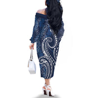 Polynesia Plumeria Lei Family Matching Off The Shoulder Long Sleeve Dress and Hawaiian Shirt Navy Blue Curves Motif LT7 - Polynesian Pride