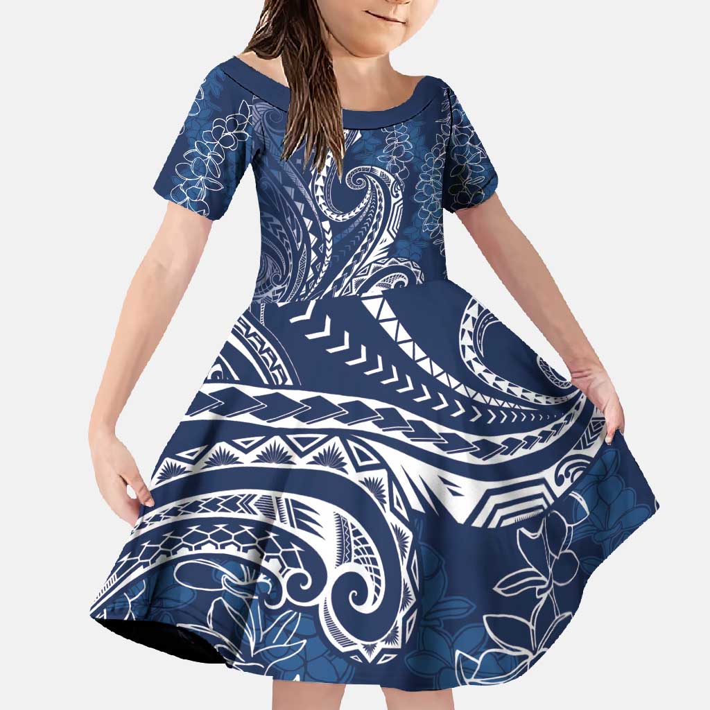 Polynesia Plumeria Lei Family Matching Off Shoulder Maxi Dress and Hawaiian Shirt Navy Blue Curves Motif LT7 Daughter's Dress Navy Blue - Polynesian Pride