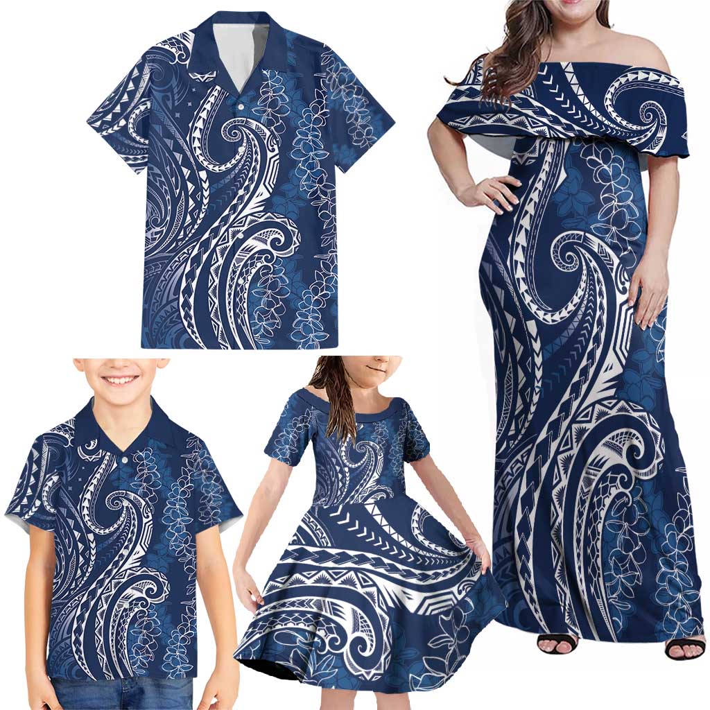 Polynesia Plumeria Lei Family Matching Off Shoulder Maxi Dress and Hawaiian Shirt Navy Blue Curves Motif LT7 - Polynesian Pride
