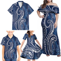 Polynesia Plumeria Lei Family Matching Off Shoulder Maxi Dress and Hawaiian Shirt Navy Blue Curves Motif LT7 - Polynesian Pride