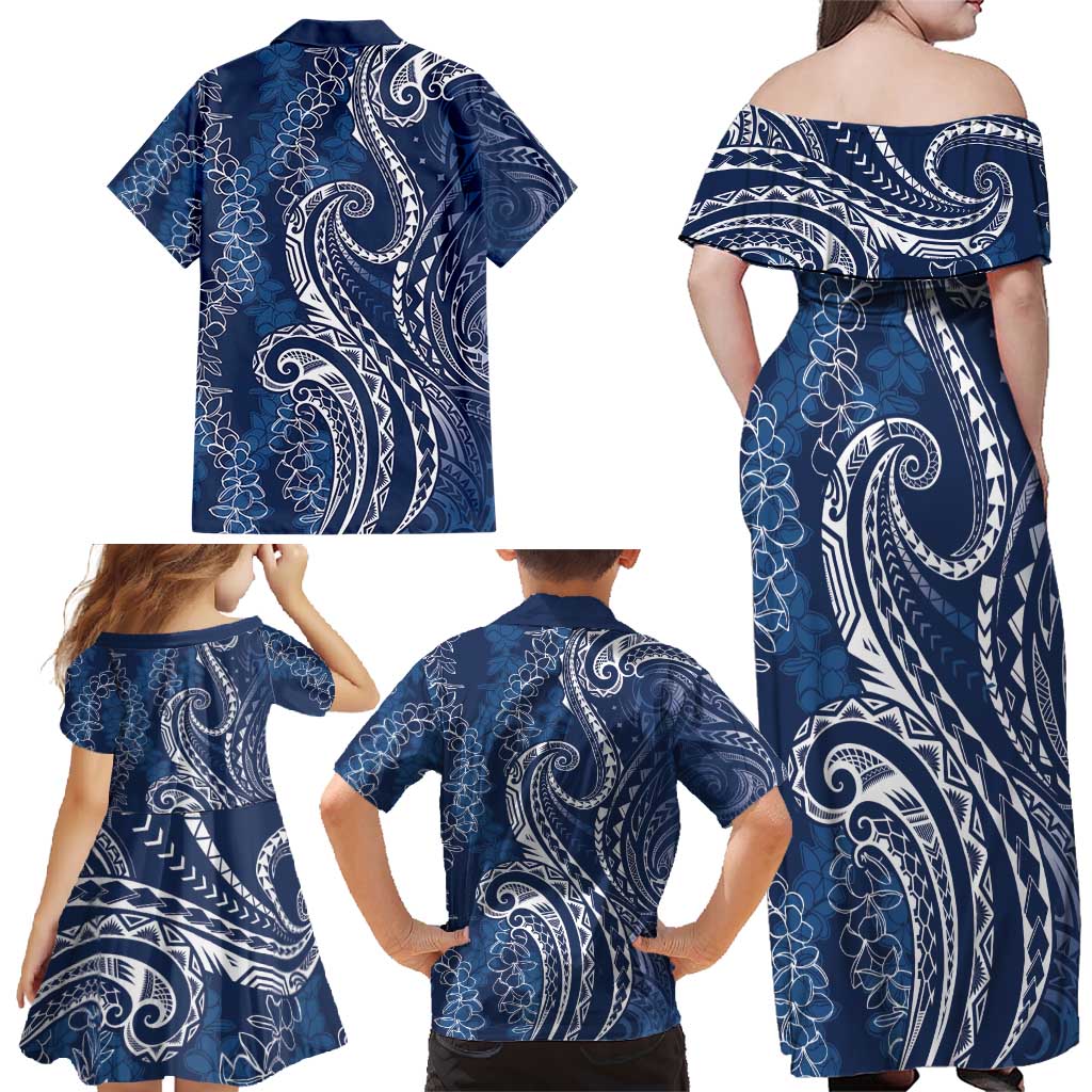 Polynesia Plumeria Lei Family Matching Off Shoulder Maxi Dress and Hawaiian Shirt Navy Blue Curves Motif LT7 - Polynesian Pride