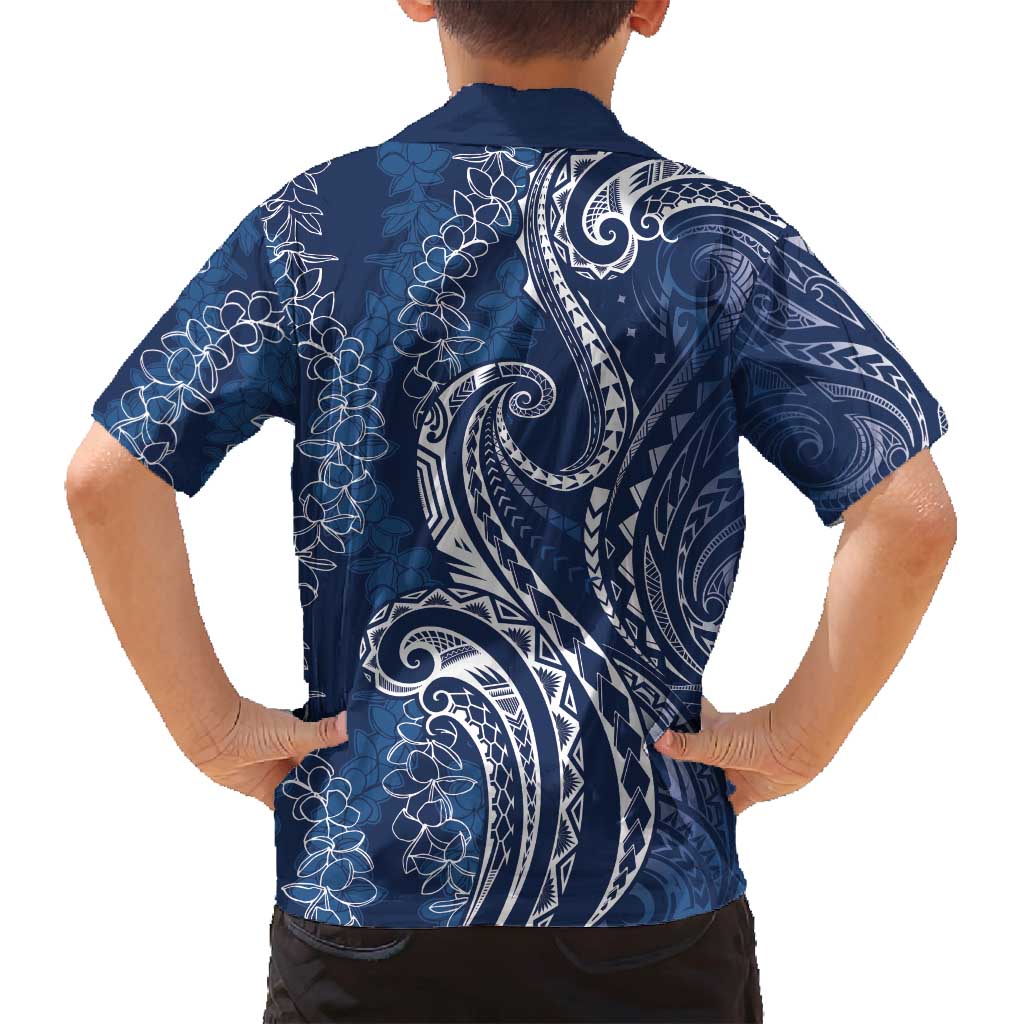 Polynesia Plumeria Lei Family Matching Off Shoulder Short Dress and Hawaiian Shirt Navy Blue Curves Motif LT7 - Polynesian Pride