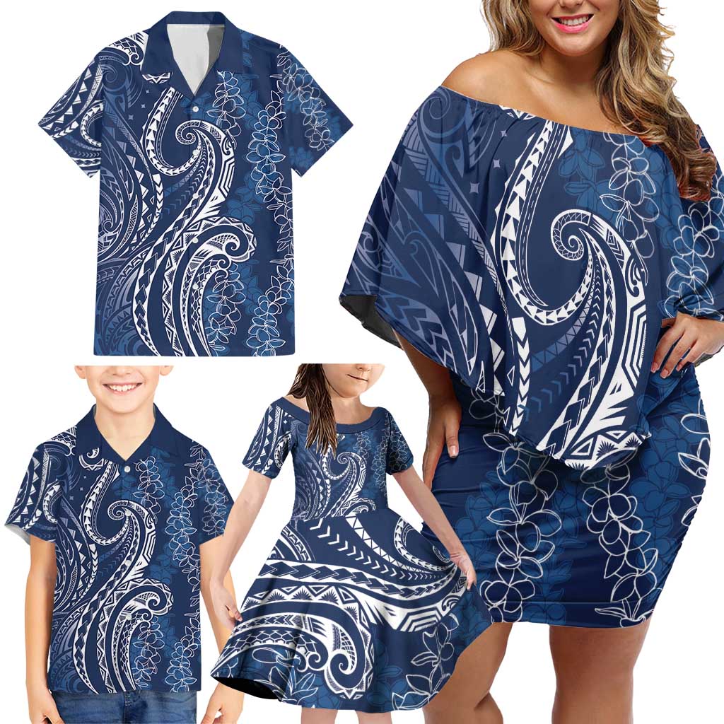 Polynesia Plumeria Lei Family Matching Off Shoulder Short Dress and Hawaiian Shirt Navy Blue Curves Motif LT7 - Polynesian Pride