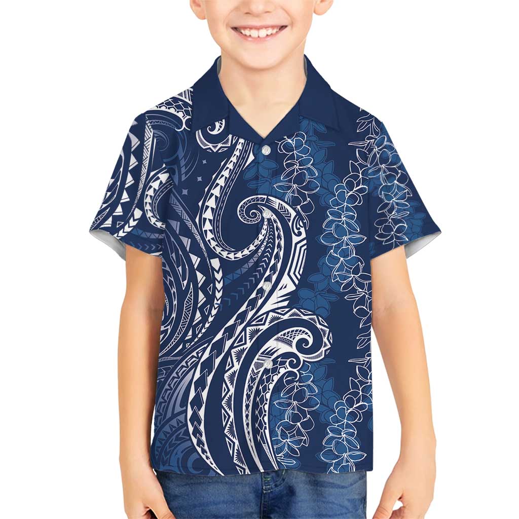 Polynesia Plumeria Lei Family Matching Off Shoulder Short Dress and Hawaiian Shirt Navy Blue Curves Motif LT7 Son's Shirt Navy Blue - Polynesian Pride