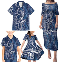 Polynesia Plumeria Lei Family Matching Puletasi and Hawaiian Shirt Navy Blue Curves Motif LT7 - Polynesian Pride