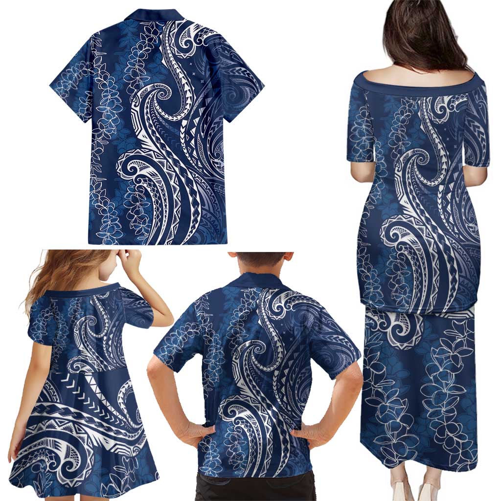 Polynesia Plumeria Lei Family Matching Puletasi and Hawaiian Shirt Navy Blue Curves Motif LT7 - Polynesian Pride