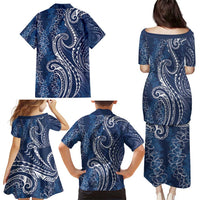 Polynesia Plumeria Lei Family Matching Puletasi and Hawaiian Shirt Navy Blue Curves Motif LT7 - Polynesian Pride