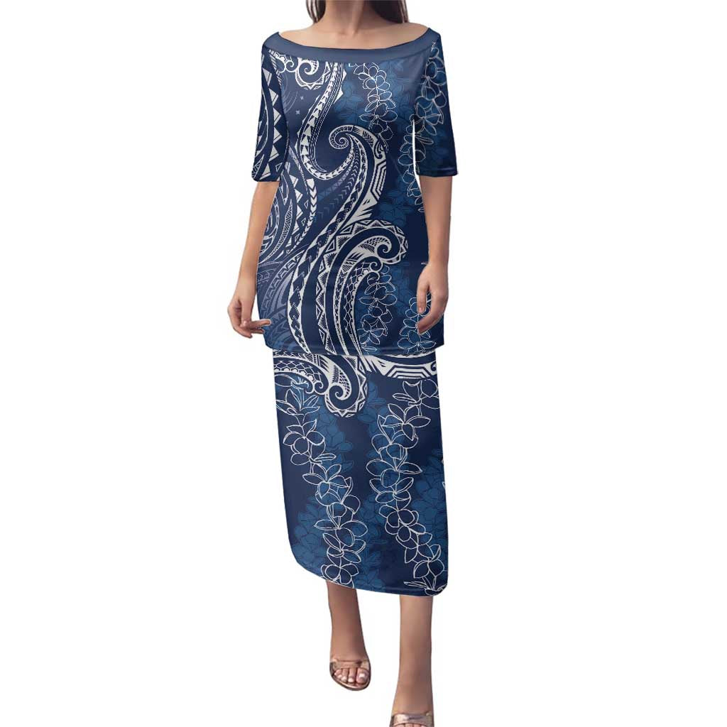 Polynesia Plumeria Lei Family Matching Puletasi and Hawaiian Shirt Navy Blue Curves Motif LT7 Mom's Dress Navy Blue - Polynesian Pride