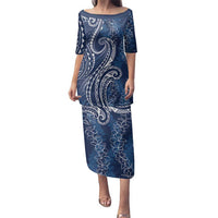 Polynesia Plumeria Lei Family Matching Puletasi and Hawaiian Shirt Navy Blue Curves Motif LT7 Mom's Dress Navy Blue - Polynesian Pride