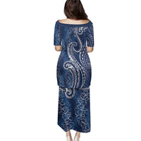 Polynesia Plumeria Lei Family Matching Puletasi and Hawaiian Shirt Navy Blue Curves Motif LT7 - Polynesian Pride