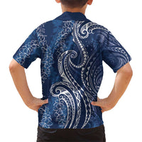 Polynesia Plumeria Lei Family Matching Short Sleeve Bodycon Dress and Hawaiian Shirt Navy Blue Curves Motif LT7 - Polynesian Pride