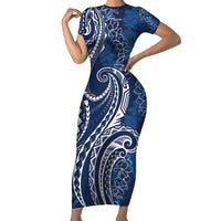 Polynesia Plumeria Lei Family Matching Short Sleeve Bodycon Dress and Hawaiian Shirt Navy Blue Curves Motif LT7 Mom's Dress Navy Blue - Polynesian Pride